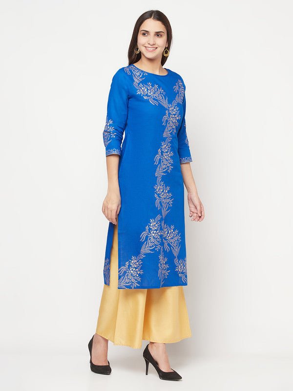 Aniyah Cotton Foil Print Royal Blue Straight Kurta - Swadesiicart
