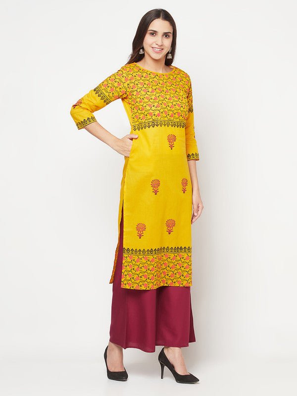 Aniyah Mustard Cotton Block Print Straight Kurta - Swadesiicart