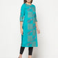Aniyah Cotton Block Print Turquoise Straight Kurta - Swadesiicart