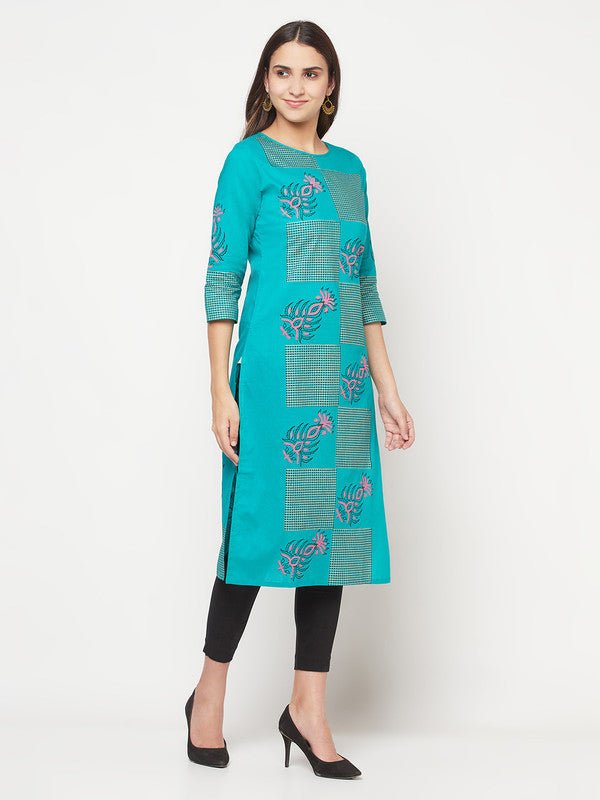 Aniyah Cotton Block Print Turquoise Straight Kurta - Swadesiicart