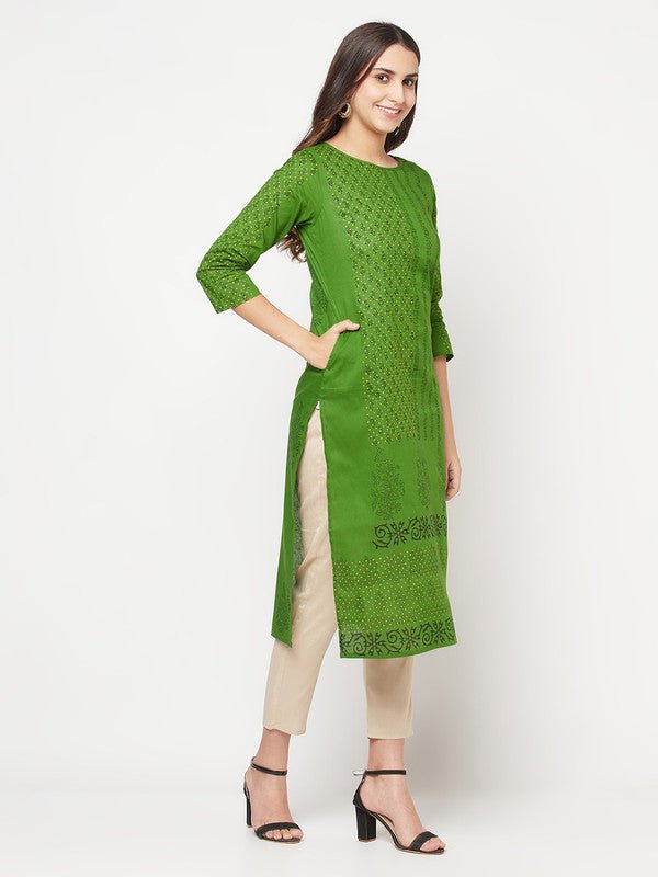 Aniyah Green Cotton Block print straight kurta - Swadesiicart
