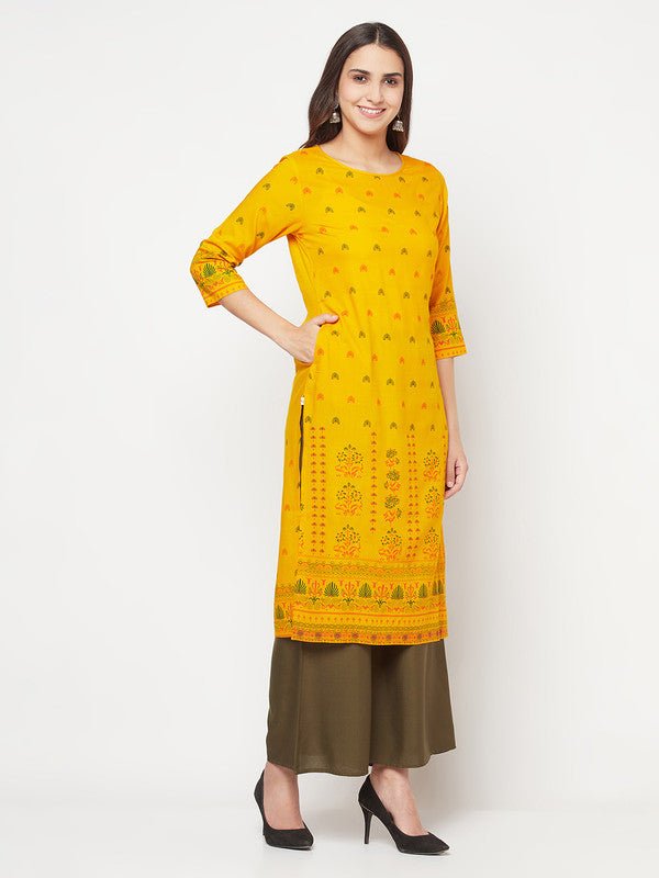 Aniyah Rayon Screen Print Mustard Straight Kurta - Swadesiicart