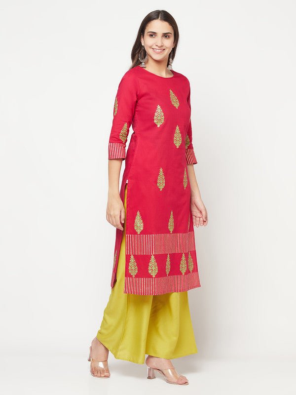 Aniyah Cotton Block Print Fuchsia Color Straight Kurta - Swadesiicart