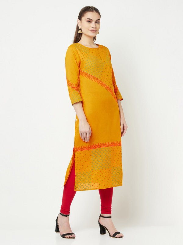 Aniyah Cotton Block Print Mustard Color Straight Kurta - Swadesiicart