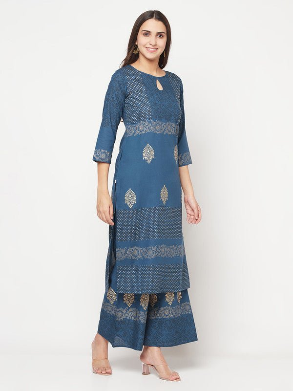 Aniyah Rayon Block Print Straight Blue Kurta - Swadesiicart