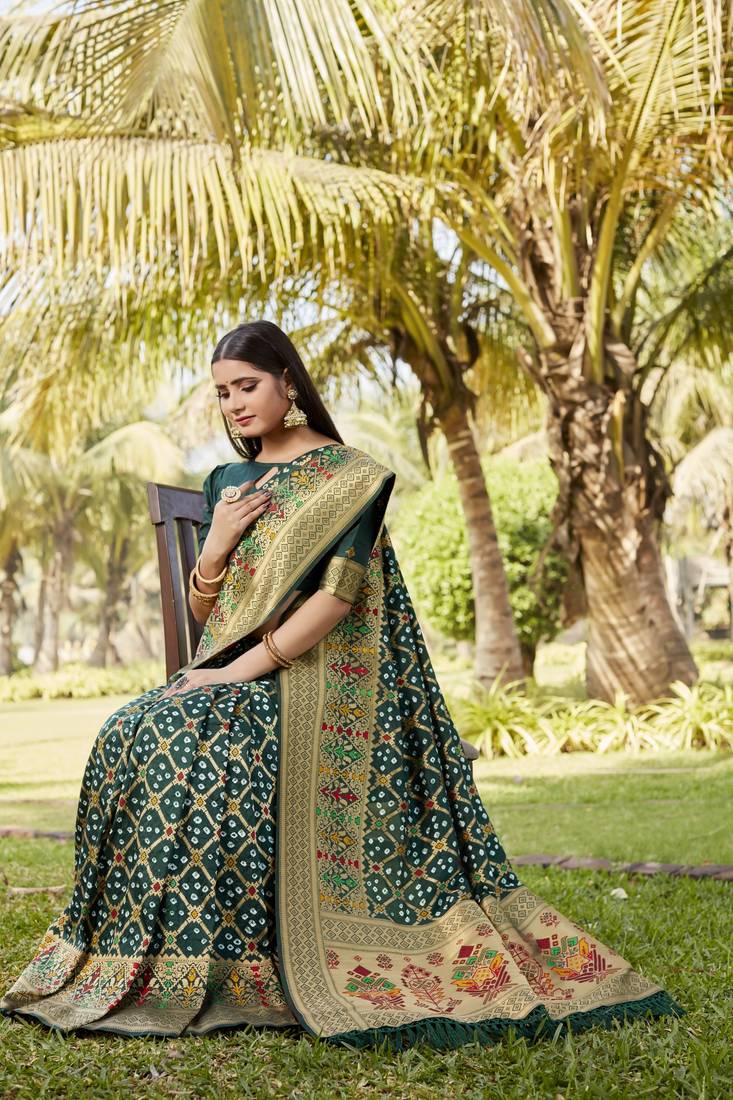 Anaita Green Woven Design Pure Gharchola Bandhej Silk Saree With Blouse