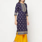 Aniyah Rayon Screen Print Navy Blue Straight Kurta - Swadesiicart
