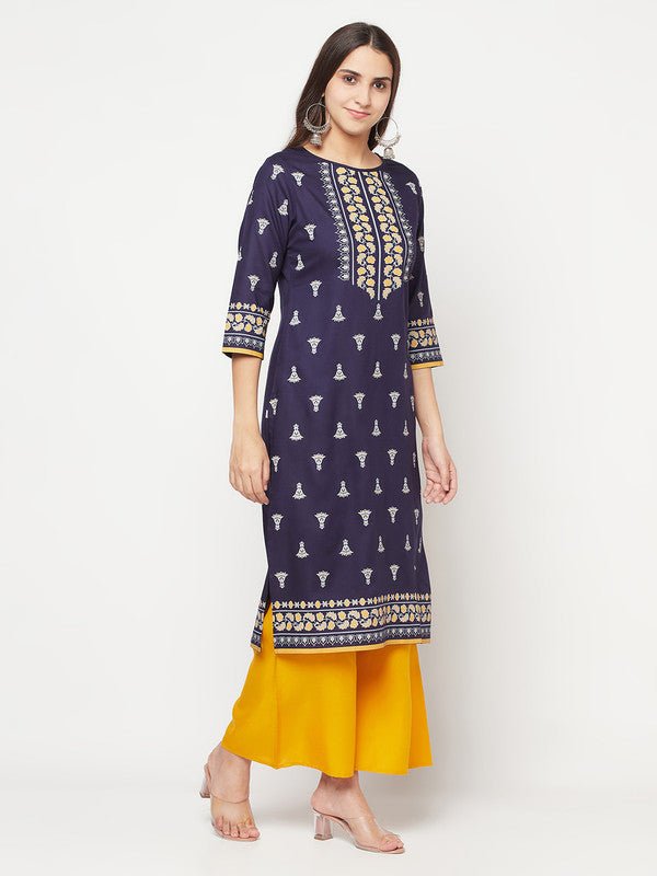 Aniyah Rayon Screen Print Navy Blue Straight Kurta - Swadesiicart
