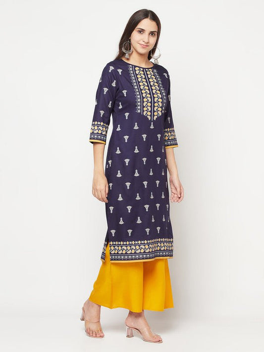 Aniyah Rayon Screen Print Navy Blue Straight Kurta - Swadesiicart