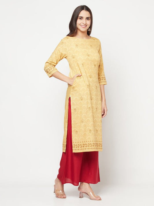 Aniyah Rayon Digital Screen Printed Golden Beige Straight Kurta - Swadesiicart