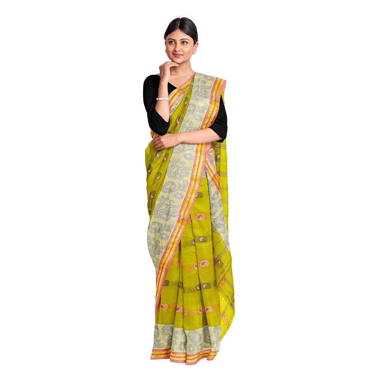Exclusive Collection 100% Pure Cotton Olive Tant Saree With Hand Weaving Work - Swadesiicart