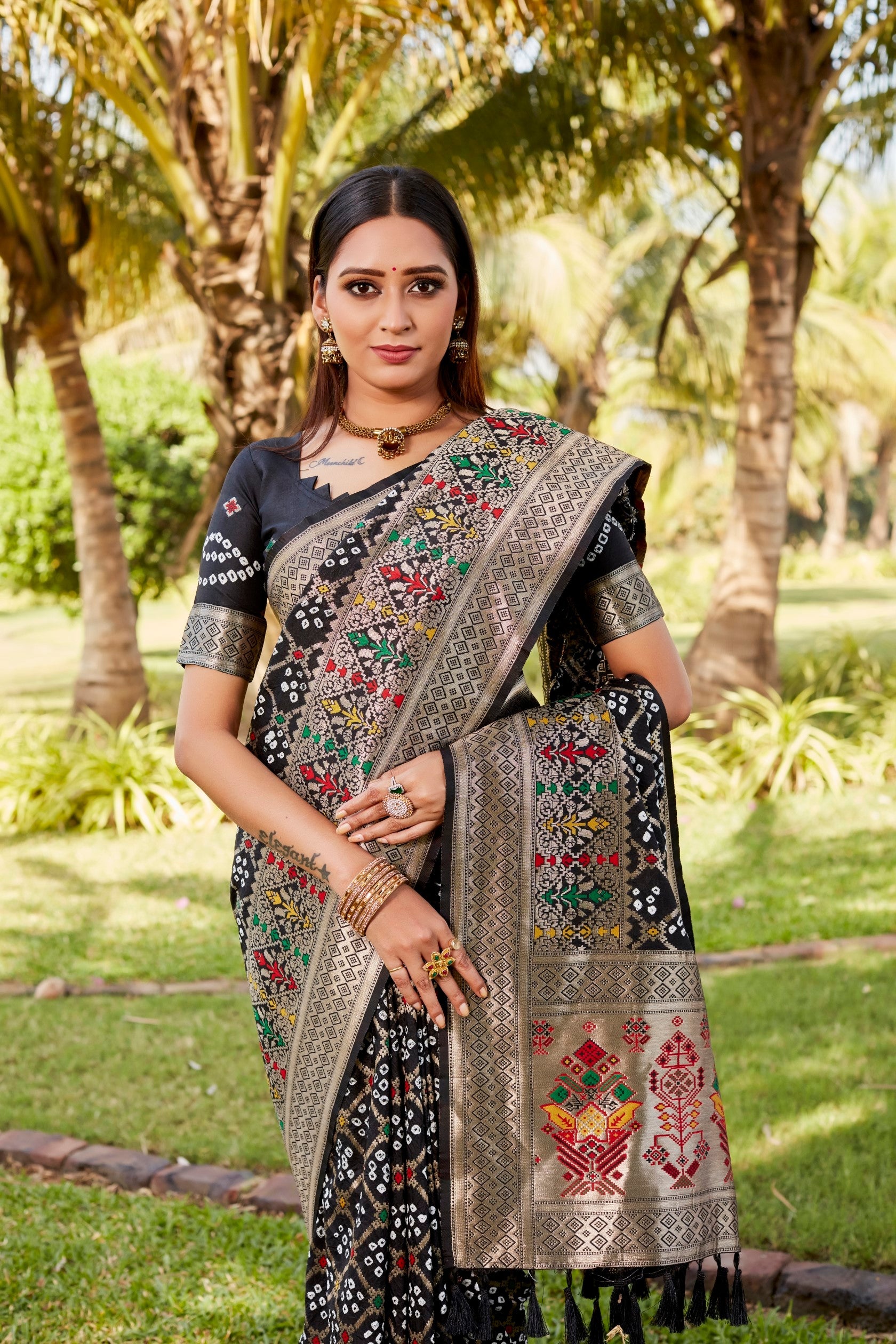 Anaita Black Woven Design Pure Gharchola Bandhej Silk Saree With Blouse