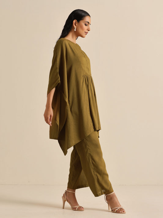 trueBrowns Olive Green Texture Doddy Kaftan Gathered Co-Ord Set - Swadesiicart