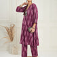 InWeave Women's Wine Ikkat Print V Neck Kurta Pant Set - Swadesiicart