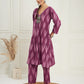 InWeave Women's Wine Ikkat Print V Neck Kurta Pant Set - Swadesiicart