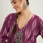InWeave Women's Wine Ikkat Print V Neck Kurta Pant Set - Swadesiicart