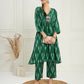 InWeave Women's Green Ikkat Print V Neck Kurta Pant Set - Swadesiicart