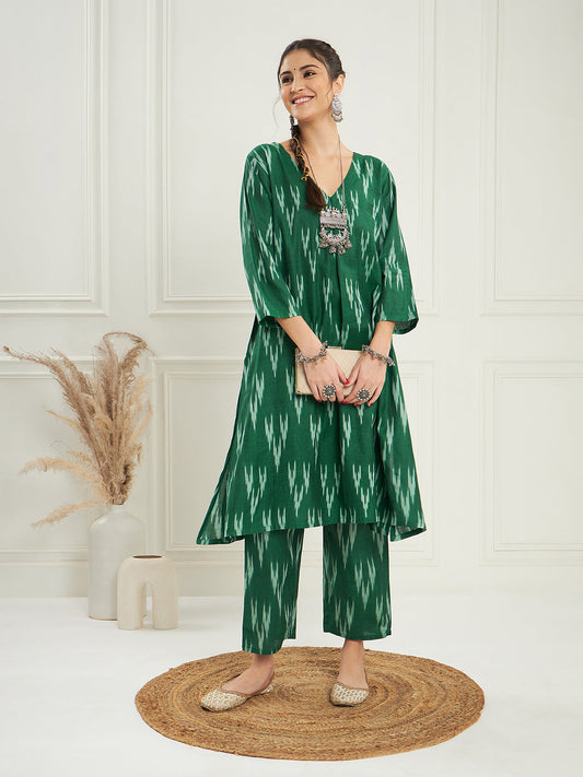 InWeave Women's Green Ikkat Print V Neck Kurta Pant Set - Swadesiicart