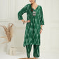InWeave Women's Green Ikkat Print V Neck Kurta Pant Set - Swadesiicart