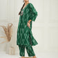 InWeave Women's Green Ikkat Print V Neck Kurta Pant Set - Swadesiicart