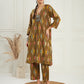 InWeave Women's Olive Ikkat Print V Neck Kurta Pant Set - Swadesiicart