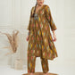 InWeave Women's Olive Ikkat Print V Neck Kurta Pant Set - Swadesiicart