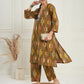 InWeave Women's Olive Ikkat Print V Neck Kurta Pant Set - Swadesiicart