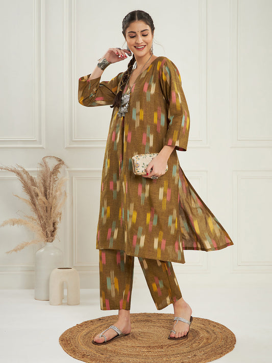 InWeave Women's Olive Ikkat Print V Neck Kurta Pant Set - Swadesiicart