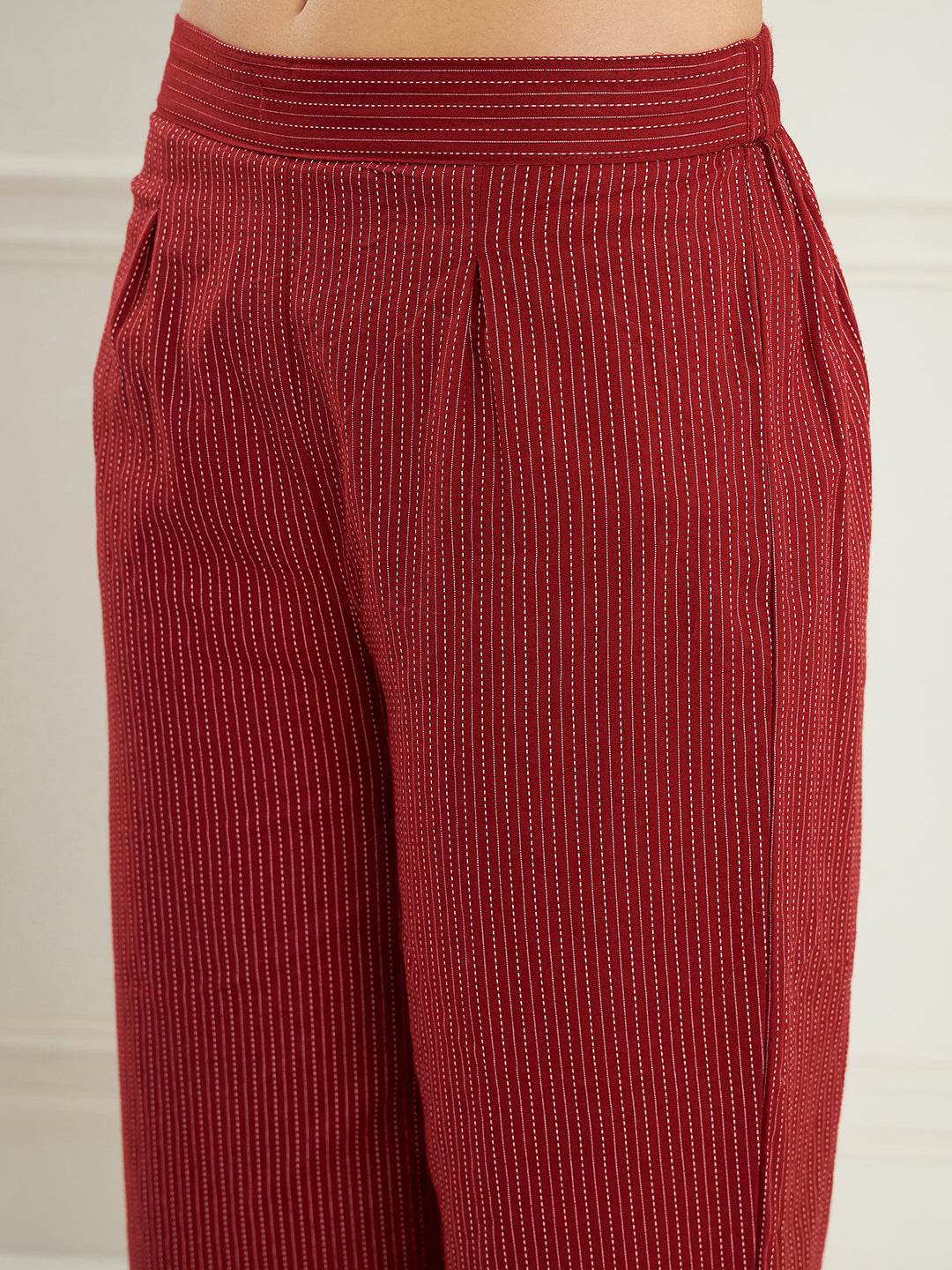 InWeave Women's Ruby Maroon Kantha V Neck Kurta Pant Set - Swadesiicart