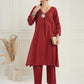 InWeave Women's Ruby Maroon Kantha V Neck Kurta Pant Set - Swadesiicart