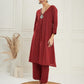 InWeave Women's Ruby Maroon Kantha V Neck Kurta Pant Set - Swadesiicart