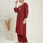 InWeave Women's Ruby Maroon Kantha V Neck Kurta Pant Set - Swadesiicart
