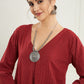 InWeave Women's Ruby Maroon Kantha V Neck Kurta Pant Set - Swadesiicart