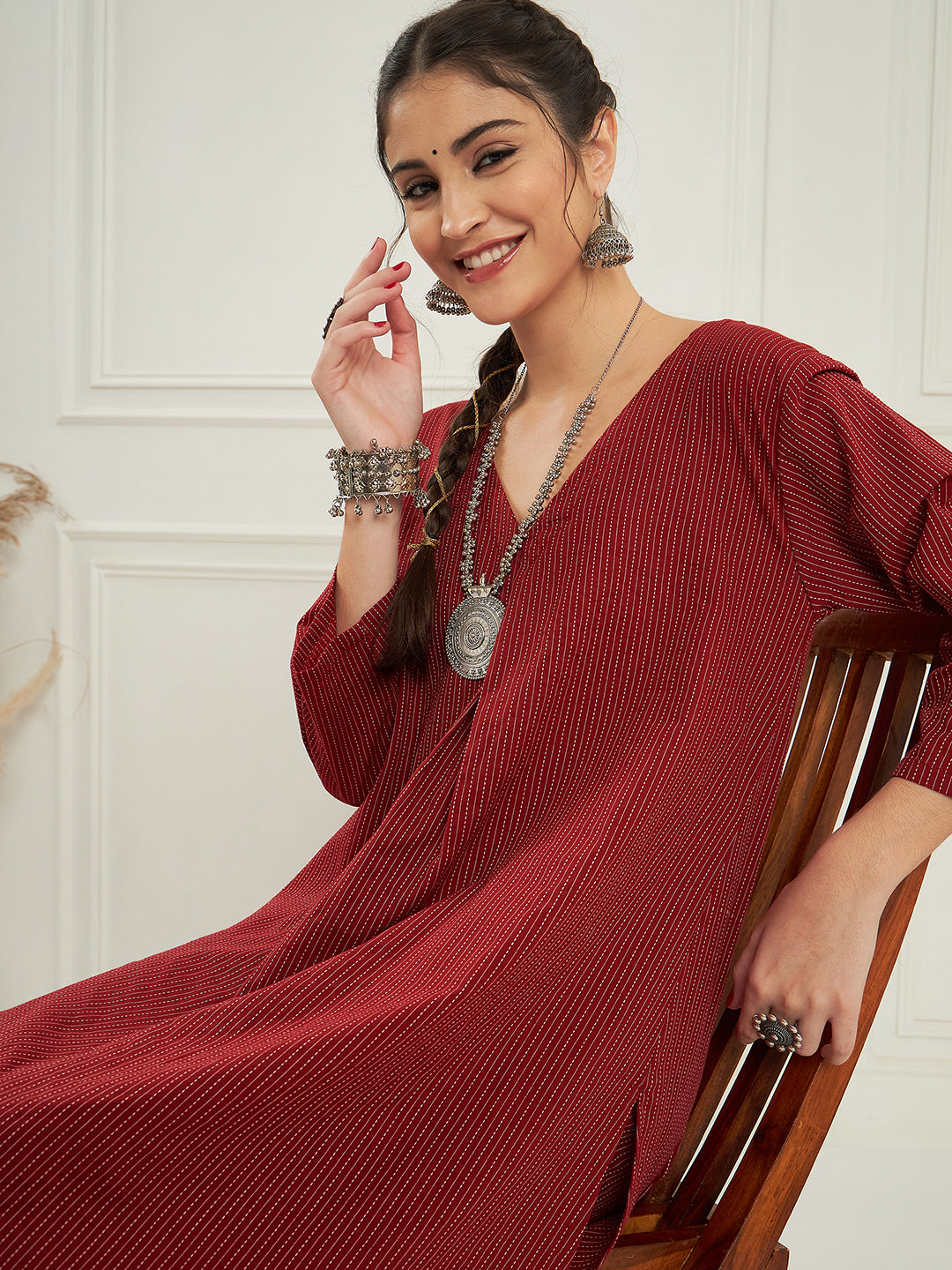 InWeave Women's Ruby Maroon Kantha V Neck Kurta Pant Set - Swadesiicart