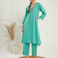 InWeave Women's Arctic Blue Kantha V Neck Kurta Pant Set - Swadesiicart