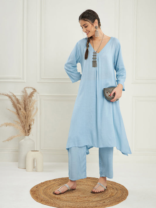 InWeave Women's Pastel Blue Solid V Neck Kurta Pant Set - Swadesiicart