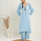 InWeave Women's Pastel Blue Solid V Neck Kurta Pant Set - Swadesiicart