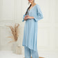 InWeave Women's Pastel Blue Solid V Neck Kurta Pant Set - Swadesiicart