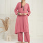 InWeave Women's Light Rose Pink Solid V Neck Kurta Pant Set - Swadesiicart