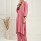InWeave Women's Light Rose Pink Solid V Neck Kurta Pant Set - Swadesiicart
