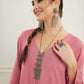 InWeave Women's Light Rose Pink Solid V Neck Kurta Pant Set - Swadesiicart