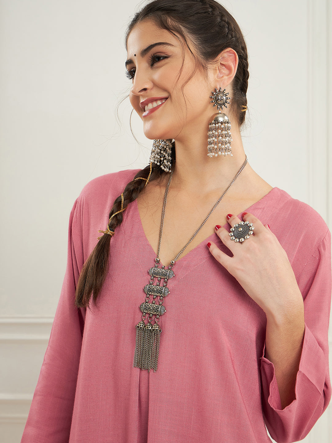 InWeave Women's Light Rose Pink Solid V Neck Kurta Pant Set - Swadesiicart