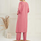 InWeave Women's Light Rose Pink Solid V Neck Kurta Pant Set - Swadesiicart