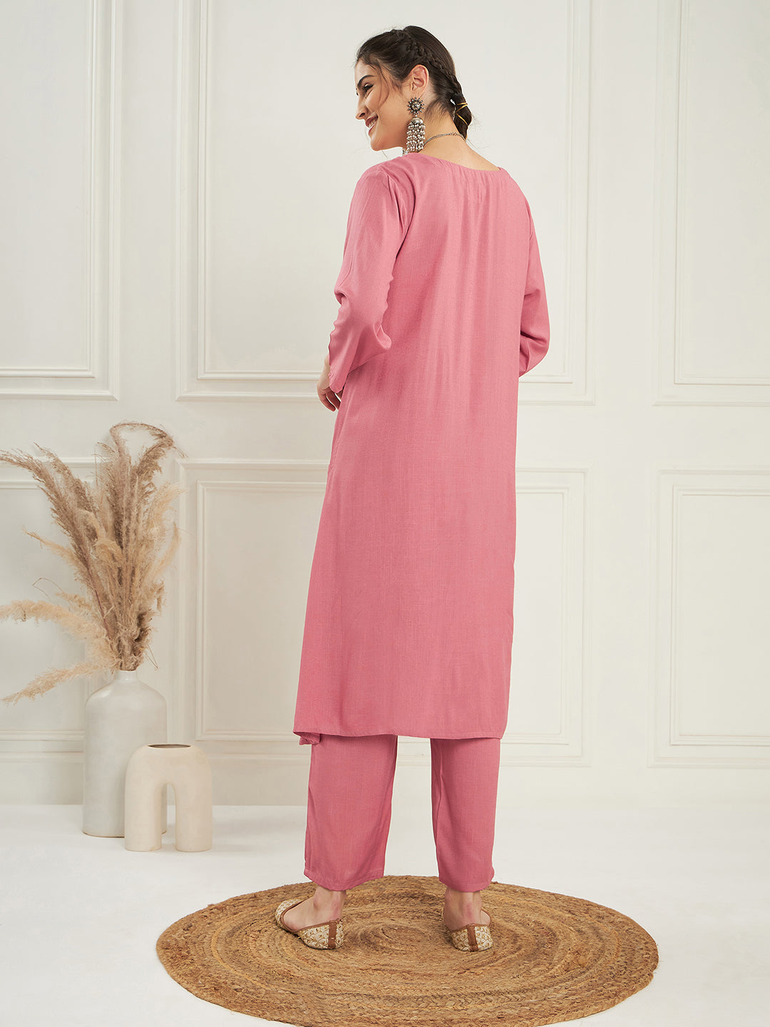 InWeave Women's Light Rose Pink Solid V Neck Kurta Pant Set - Swadesiicart