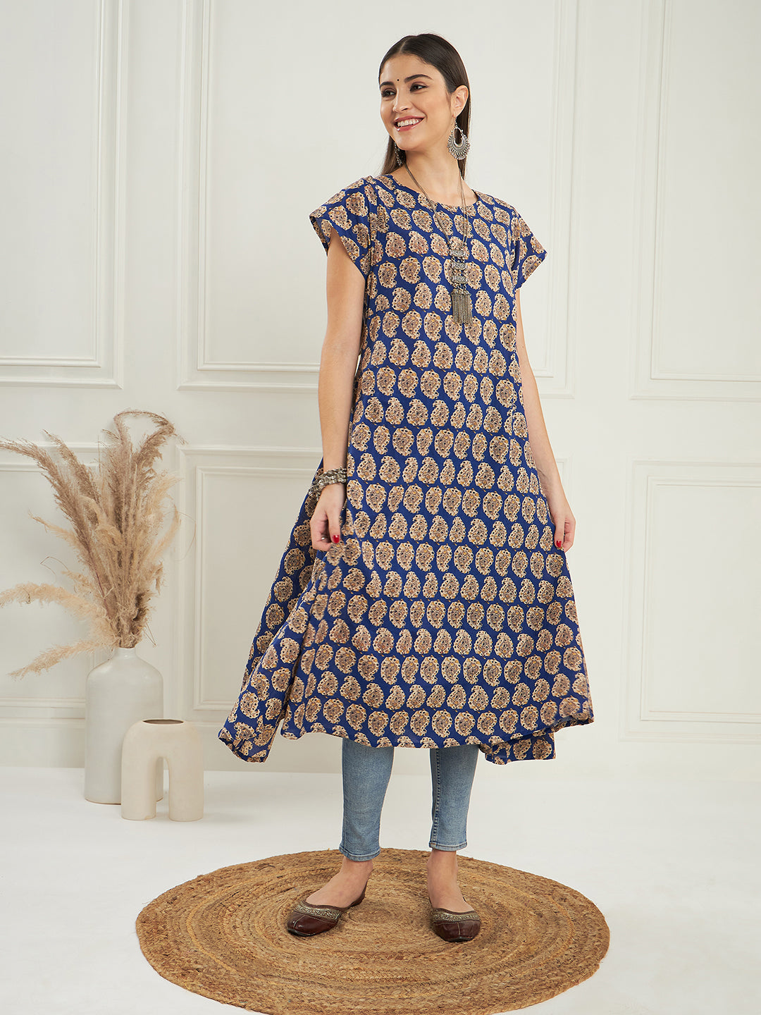 InWeave Women's Ink Blue Small Paisley Kalamkari A Line Dress - Swadesiicart