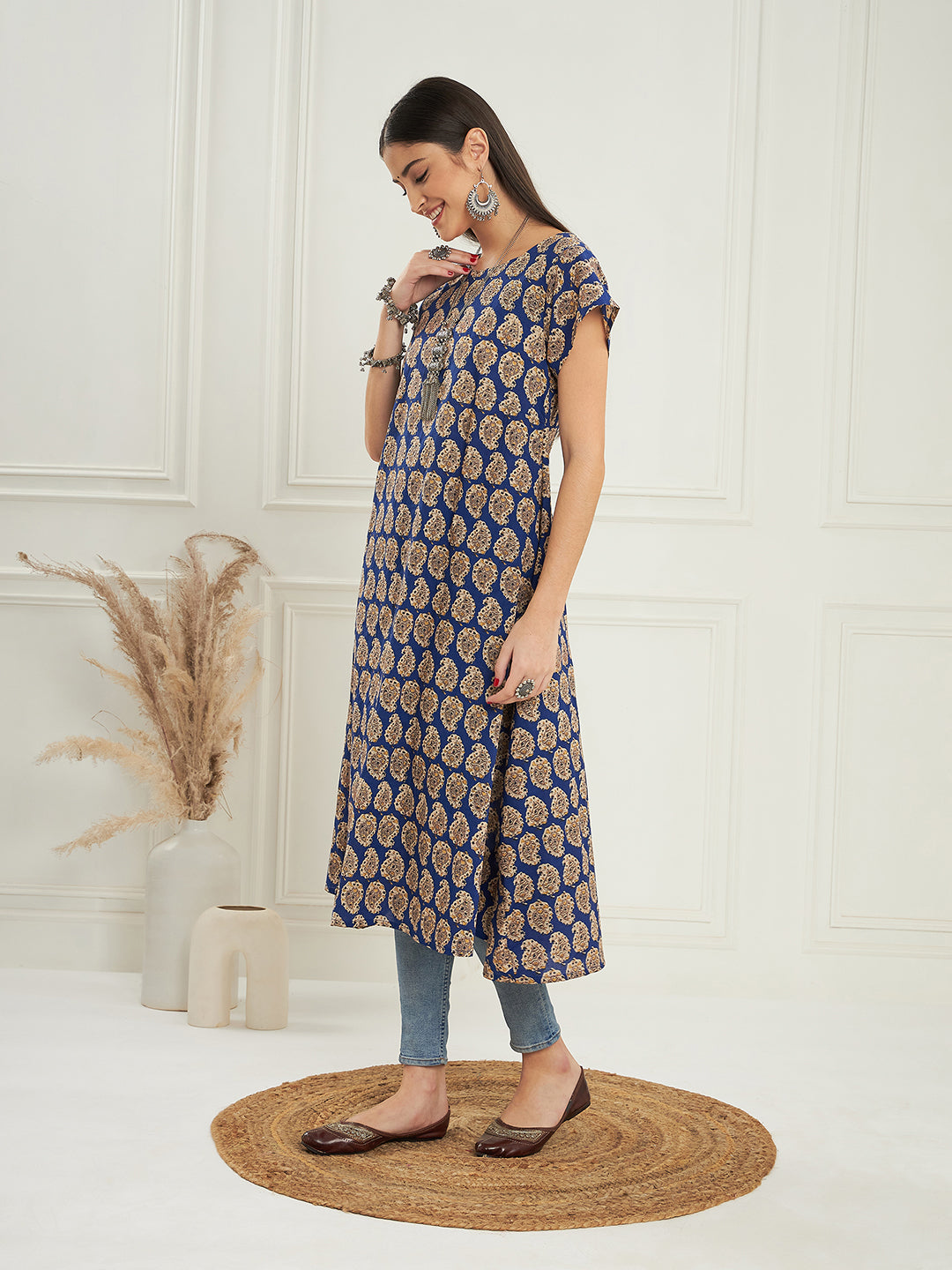 InWeave Women's Ink Blue Small Paisley Kalamkari A Line Dress - Swadesiicart