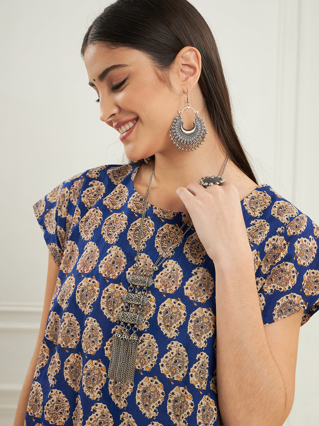 InWeave Women's Ink Blue Small Paisley Kalamkari A Line Dress - Swadesiicart