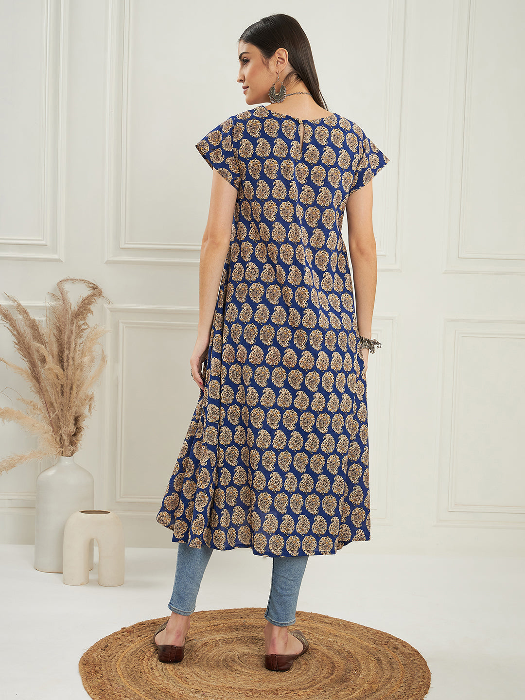 InWeave Women's Ink Blue Small Paisley Kalamkari A Line Dress - Swadesiicart