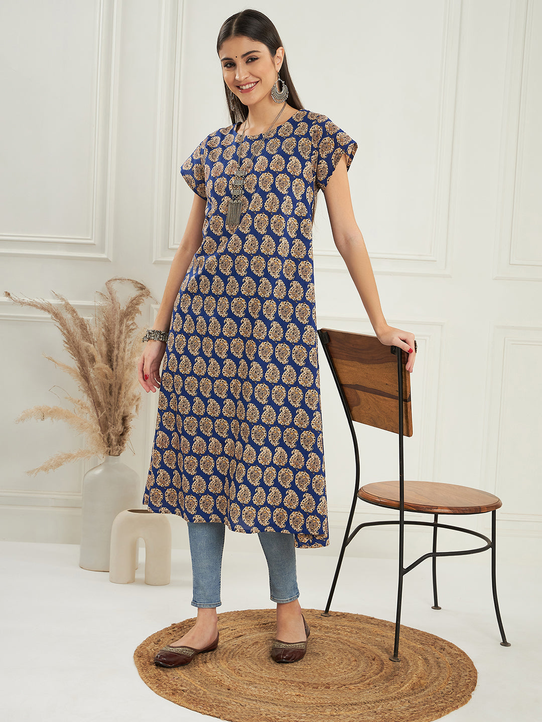 InWeave Women's Ink Blue Small Paisley Kalamkari A Line Dress - Swadesiicart