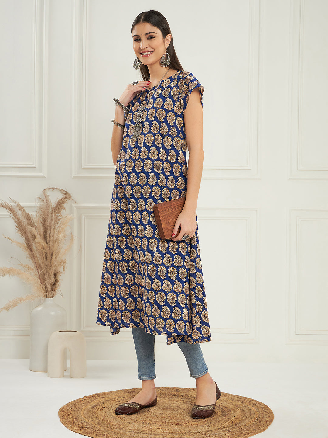 InWeave Women's Ink Blue Small Paisley Kalamkari A Line Dress - Swadesiicart